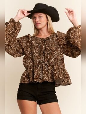 NEW!!! Jade By Jane Leopard Print Ruffle Peasant Blouse - Brown, NWT